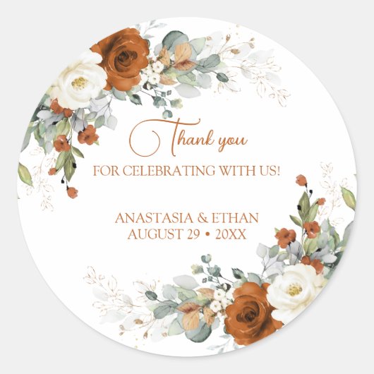 焦結婚げ感謝していたオレンジ色の花のシール ラウンドシール (正面)