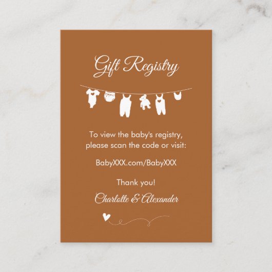 焼きオレンジのミニマリスト赤ちゃんシャワーギフトレジストリ エンクロージャーカード (正面)