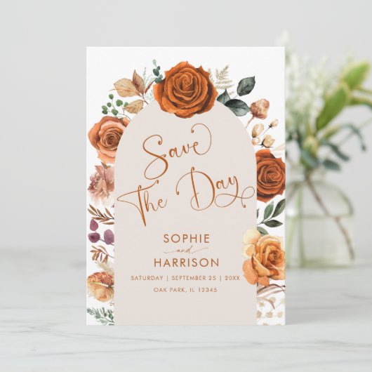 ?焼きオレンジテラコッタフローラ錆の日付を保存 招待状 (スタンド正面)