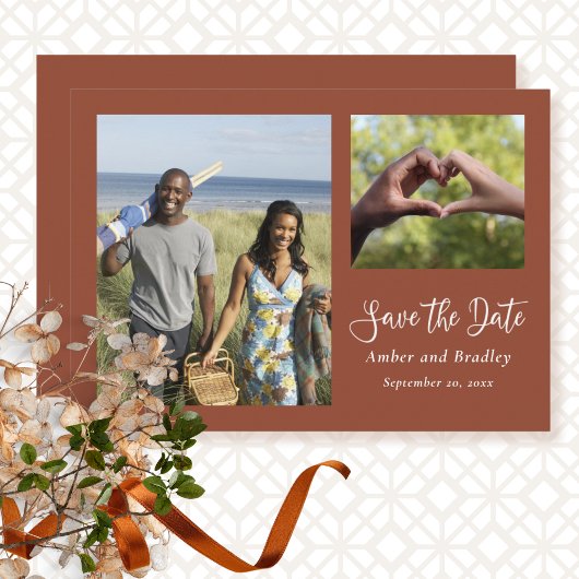 焼きオレンジミニマル色の写真QRコード日付の保存 招待状