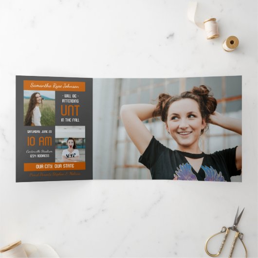 焼きオレンジモダンブロック5写真卒業 三つ折り招待状 (内部)