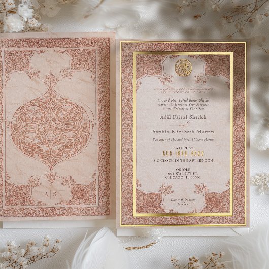 焼きオレンジレース伝統的ムスリム結婚ズ 箔招待状