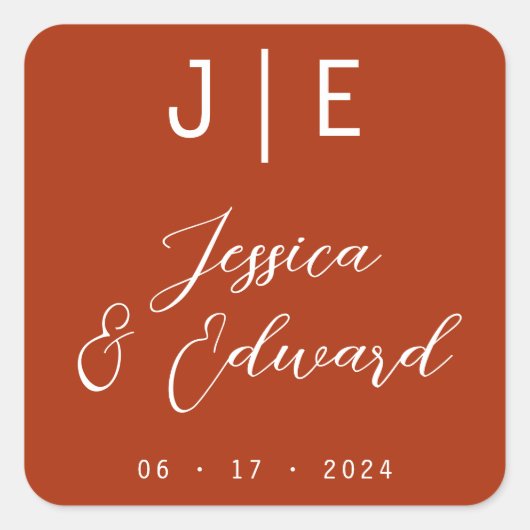 焼きオレンジ色のモノグラムエレガントカップル名モダン スクエアシール (正面)