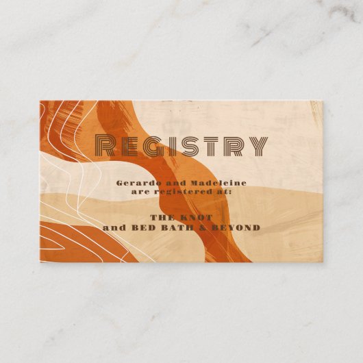 焼きオレンジ色のレトロウェディングシャワーギフトレジストリ エンクロージャーカード (正面)