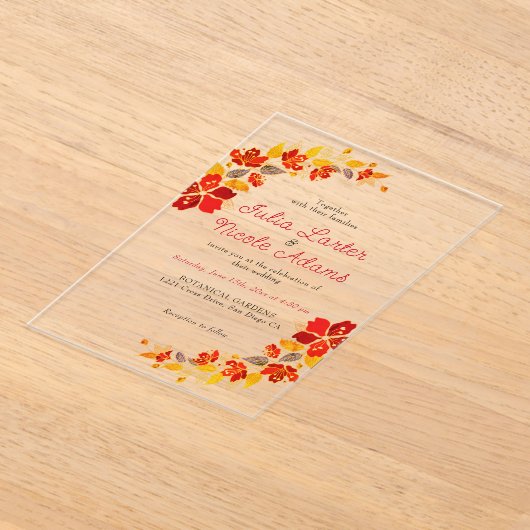 焼きオレンジ色の熱帯ハイビスカス花模様結婚ズ アクリル招待状 (レイダウン)
