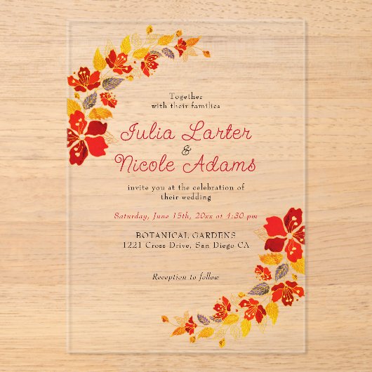 焼きオレンジ色の熱帯ハイビスカス花模様結婚ズ アクリル招待状 (正面)