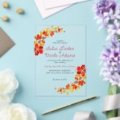 焼きオレンジ色の熱帯ハイビスカス花模様結婚ズ アクリル招待状 (インサイチュ (ウェディング))