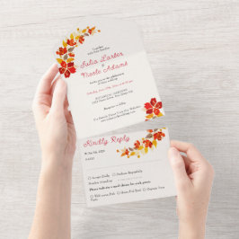 焼きオレンジ色の熱帯ハイビスカス花模様結婚ズ オールインワン招待状