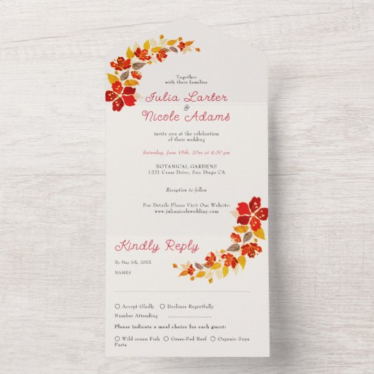 焼きオレンジ色の熱帯ハイビスカス花模様結婚ズ オールインワン招待状
