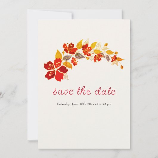 焼きオレンジ色の熱帯ハイビスカス花模様結婚ズ セーブザデート (裏面)