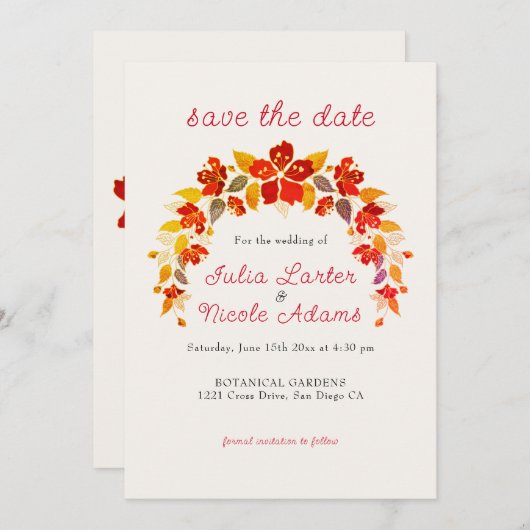 焼きオレンジ色の熱帯ハイビスカス花模様結婚ズ セーブザデート (正面/裏面)