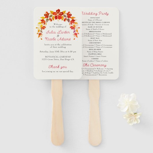 焼きオレンジ色の熱帯ハイビスカス花模様結婚ズ ハンドファン (正面&裏面)