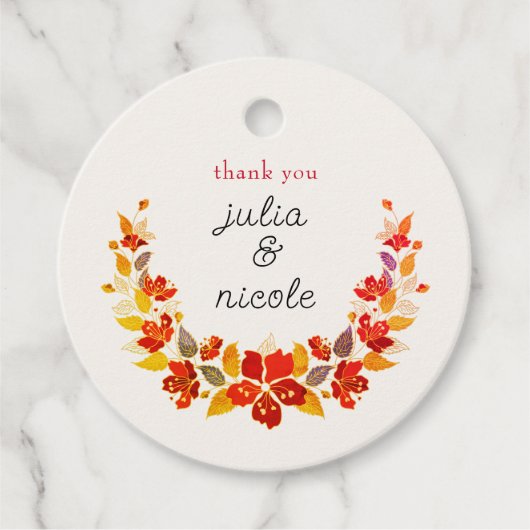 焼きオレンジ色の熱帯ハイビスカス花模様結婚ズ フェイバータグ (正面)