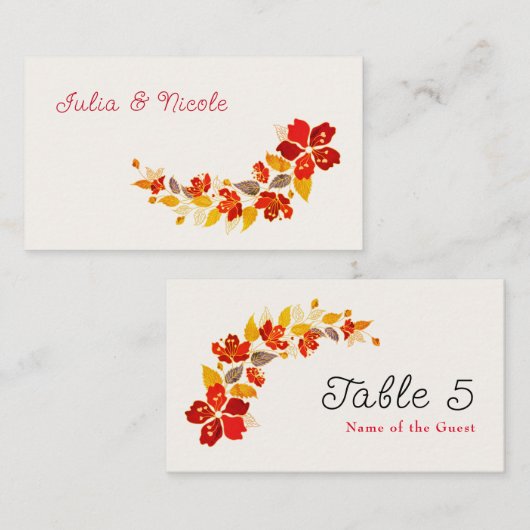 焼きオレンジ色の熱帯ハイビスカス花模様結婚ズ プレイスカード (正面/裏面)