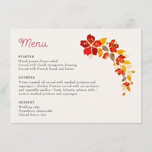 焼きオレンジ色の熱帯ハイビスカス花模様結婚ズ メニュー (正面)