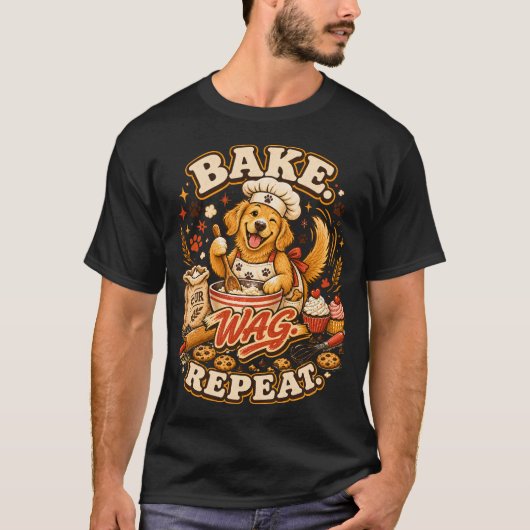 焼く。振る。繰り返す。 面白い犬のパン屋さん Tシャツ (正面)
