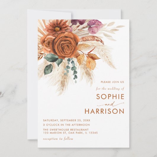 ?焼けたオレンジボホパンパスグラス結婚の全てが一つになった 招待状 (正面)