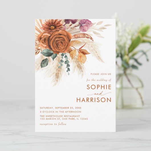 ?焼けたオレンジボホパンパスグラス結婚の全てが一つになった 招待状 (スタンド正面)