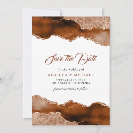 焼けたオレンジ色のテラコッタのアゲート大理石結婚の写真 セーブザデート (正面)