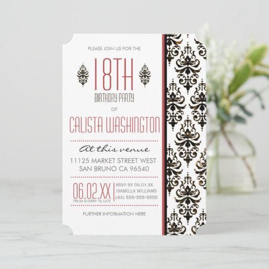 焼けたヴィンテージダマスク18thバースデーパーティー 招待状 (スタンド正面)