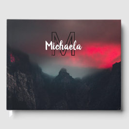 焼ける雲、霧、山の空のモノグラム ゲストブック