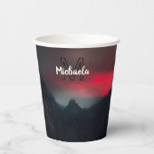 焼ける雲、霧、山の空のモノグラム 紙コップ (正面)