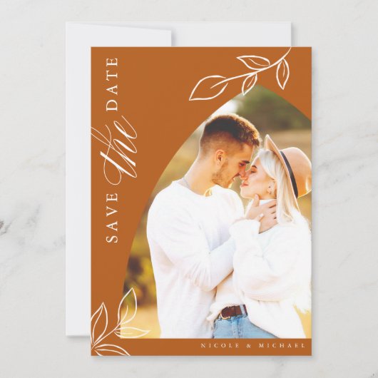 焼けオレンジのアーチBohoリーフミニマルの写真 セーブザデート (正面)