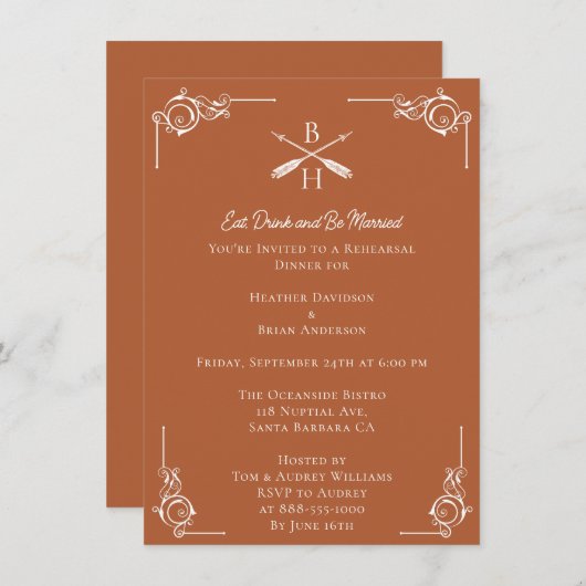 焼けオレンジのモノグラムと矢印リハーサルディナー 招待状 (正面/裏面)
