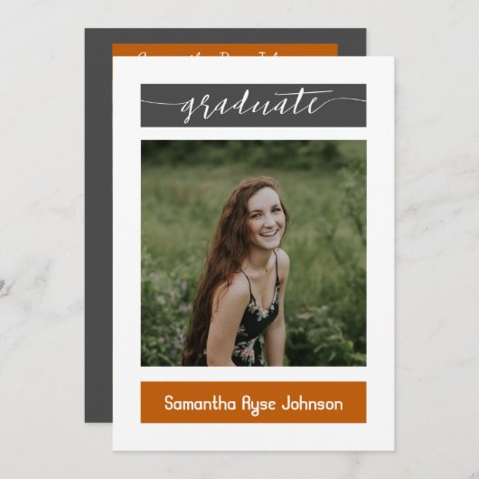 焼けオレンジモダンブロック3写真卒業 招待状 (正面/裏面)