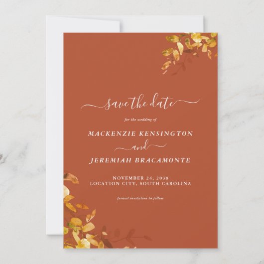 焼けオレンジ結婚色の秋の写真保存日 セーブザデート (裏面)