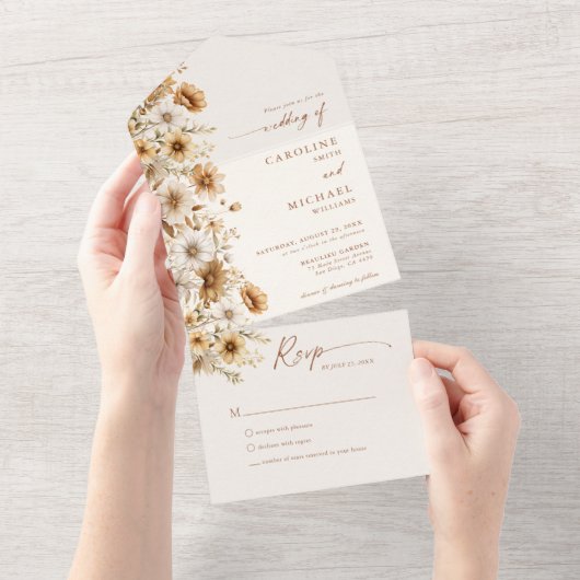 焼けオレンジ結婚色の野草穂 オールインワン招待状 (貼ってはがせる)