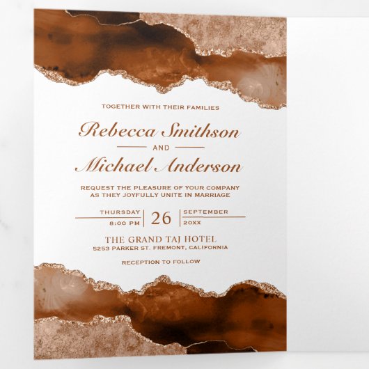 焼けオレンジ色のテラコッタアゲテマーブルフォト結婚ズ 三つ折り招待状 (内部最初)