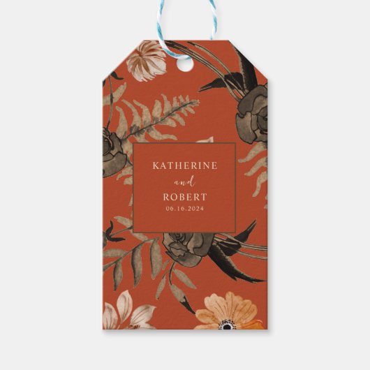 焼けオレンジ色のテラコッタ秋の結婚式の好意 ギフトタグ (正面)