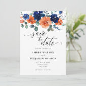 焼けオレンジ色のネイビーブルーウェディング日付を保存 招待状 (スタンド正面)