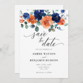 焼けオレンジ色のネイビーブルーウェディング日付を保存 招待状 (正面/裏面)