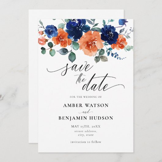 焼けオレンジ色のネイビーブルーウェディング日付を保存 招待状 (正面/裏面)