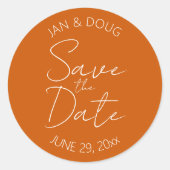 焼けオレンジ色の様式化された結婚式の日付を保存 ラウンドシール (正面)