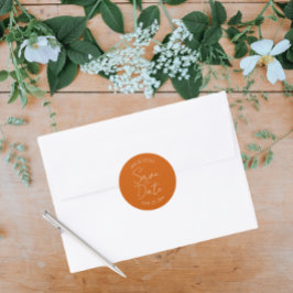 焼けオレンジ色の様式化された結婚式の日付を保存 ラウンドシール