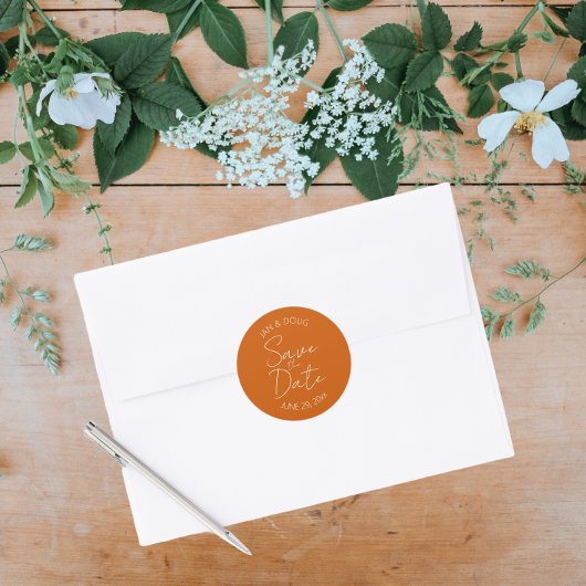 焼けオレンジ色の様式化された結婚式の日付を保存 ラウンドシール