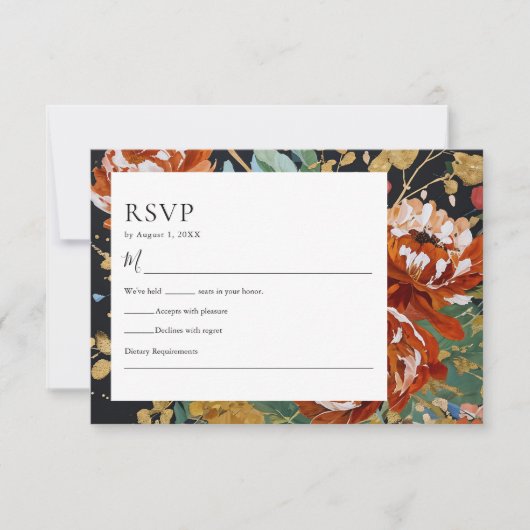 焼けオレンジ色の牡丹フローラ絵を描金ゴールド結婚の 出欠カード (正面)