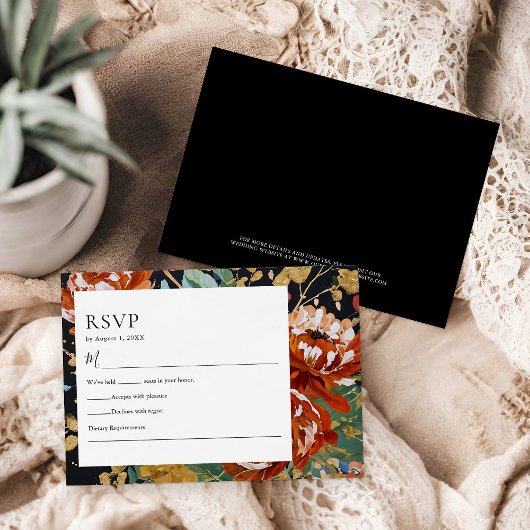 焼けオレンジ色の牡丹フローラ絵を描金ゴールド結婚の 出欠カード