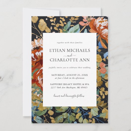 焼けオレンジ色の牡丹フローラ絵を描金ゴールド結婚の 招待状 (正面)