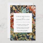 焼けオレンジ色の牡丹フローラ絵を描金ゴールド結婚の 招待状 (正面)