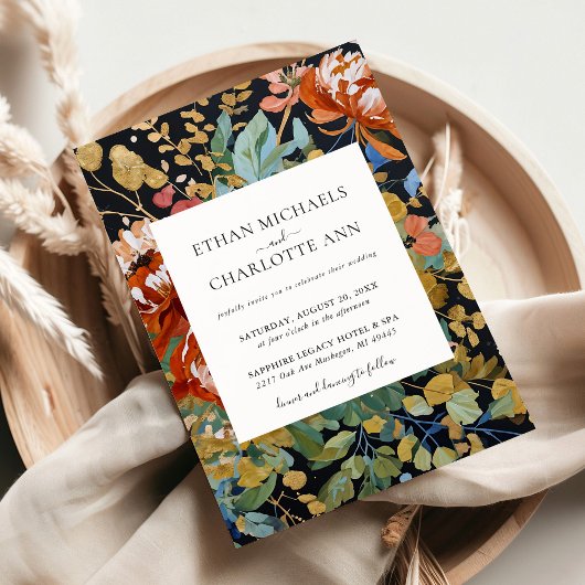 焼けオレンジ色の牡丹フローラ絵を描金ゴールド結婚の 招待状