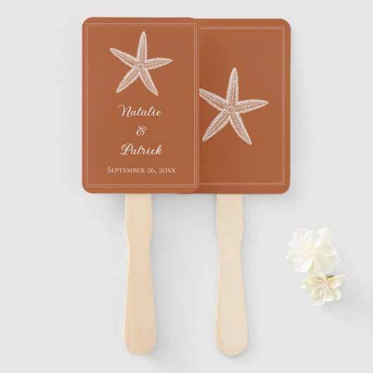 焼けオレンジ色の結婚ヒトデの手扇 ハンドファン (正面&裏面)