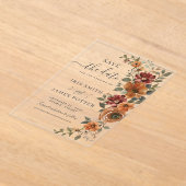 焼けオレンジ色の錆のフローラ結婚式の日付を保存 アクリル招待状 (レイダウン)