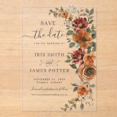 焼けオレンジ色の錆のフローラ結婚式の日付を保存 アクリル招待状 (正面)