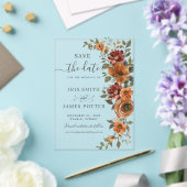 焼けオレンジ色の錆のフローラ結婚式の日付を保存 アクリル招待状 (インサイチュ (ウェディング))