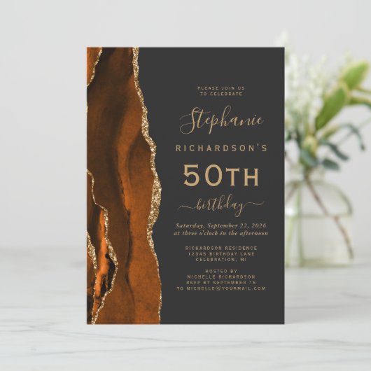 焼けオレンジ金ゴールドアガテダークバースデーパーティー50 招待状 (スタンド正面)