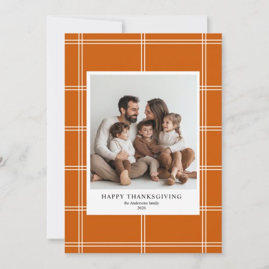焼けモダンオレンジ色の格子模様の感謝祭の写真 招待状 (正面)